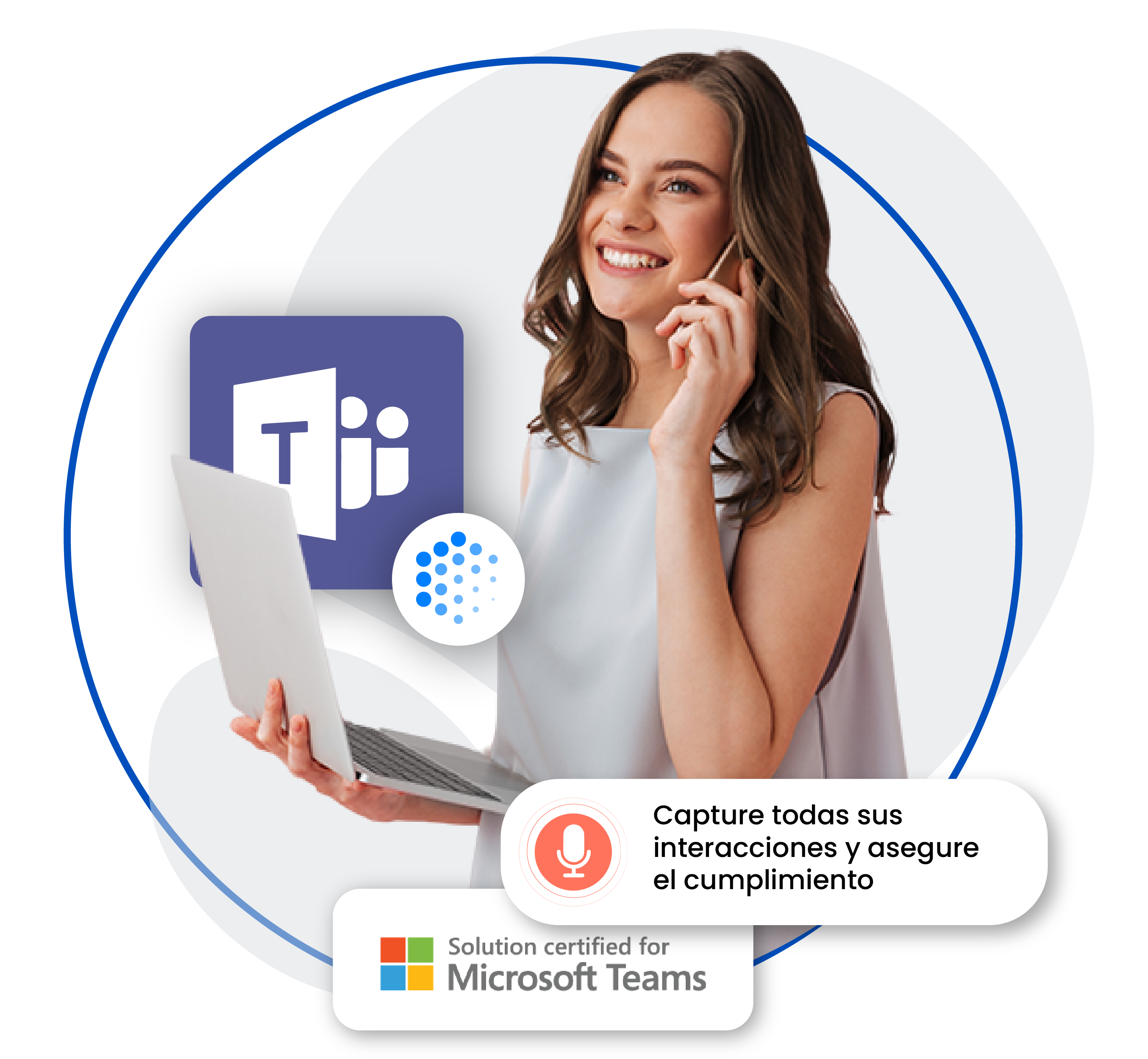Mujer hablando por teléfono con portátil, logotipo de Microsoft Teams y mensaje sobre grabar interacciones y asegurar el cumplimiento