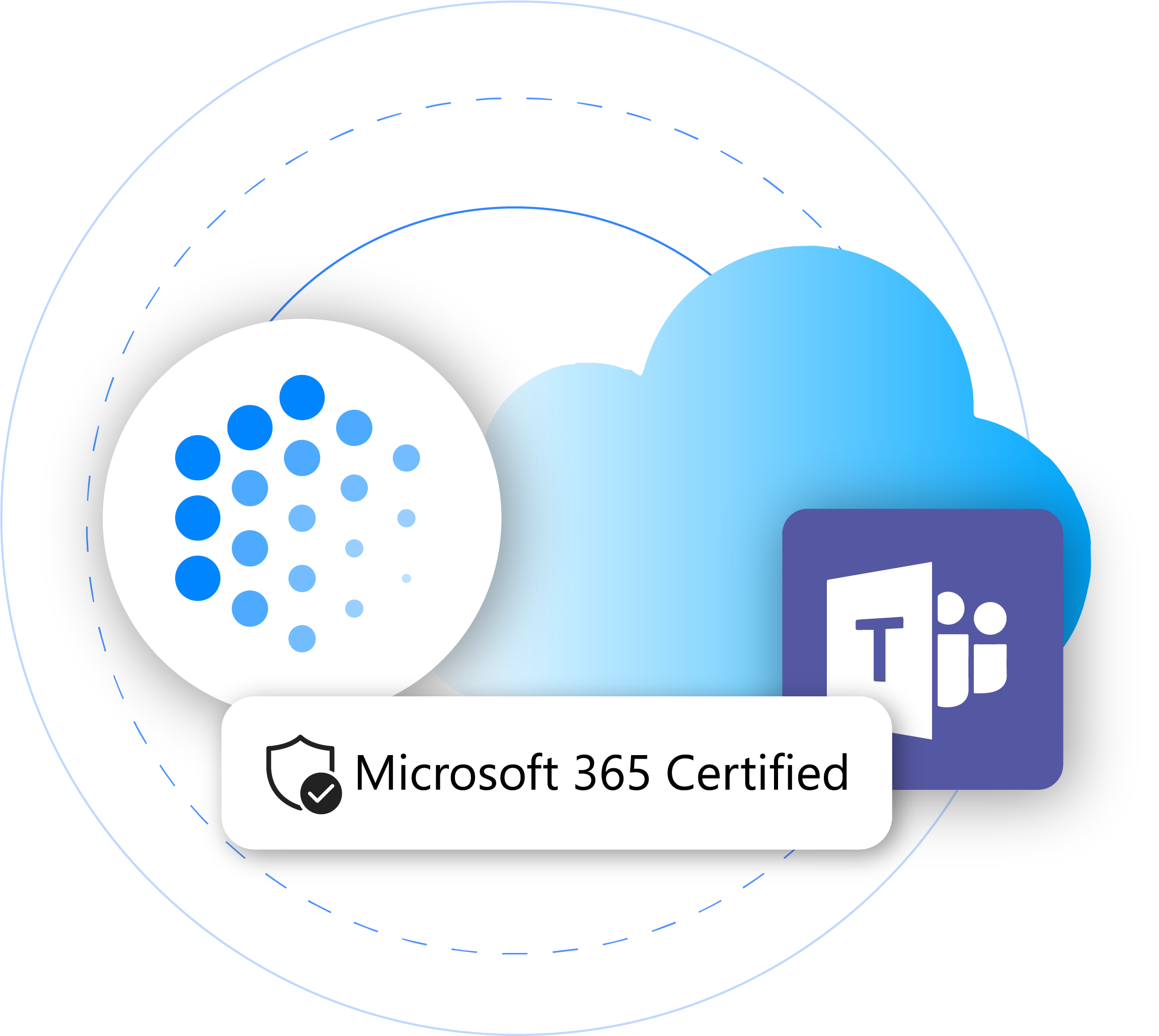 Logos de Recordia y Microsoft Teams sobre nube azul con distintivo Microsoft 365 Certified para grabación en la nube