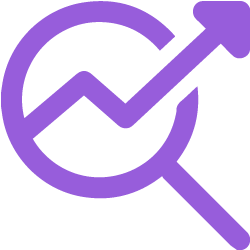 Icono morado de lupa con gráfica ascendente que representa análisis inteligente de interacciones y negocio